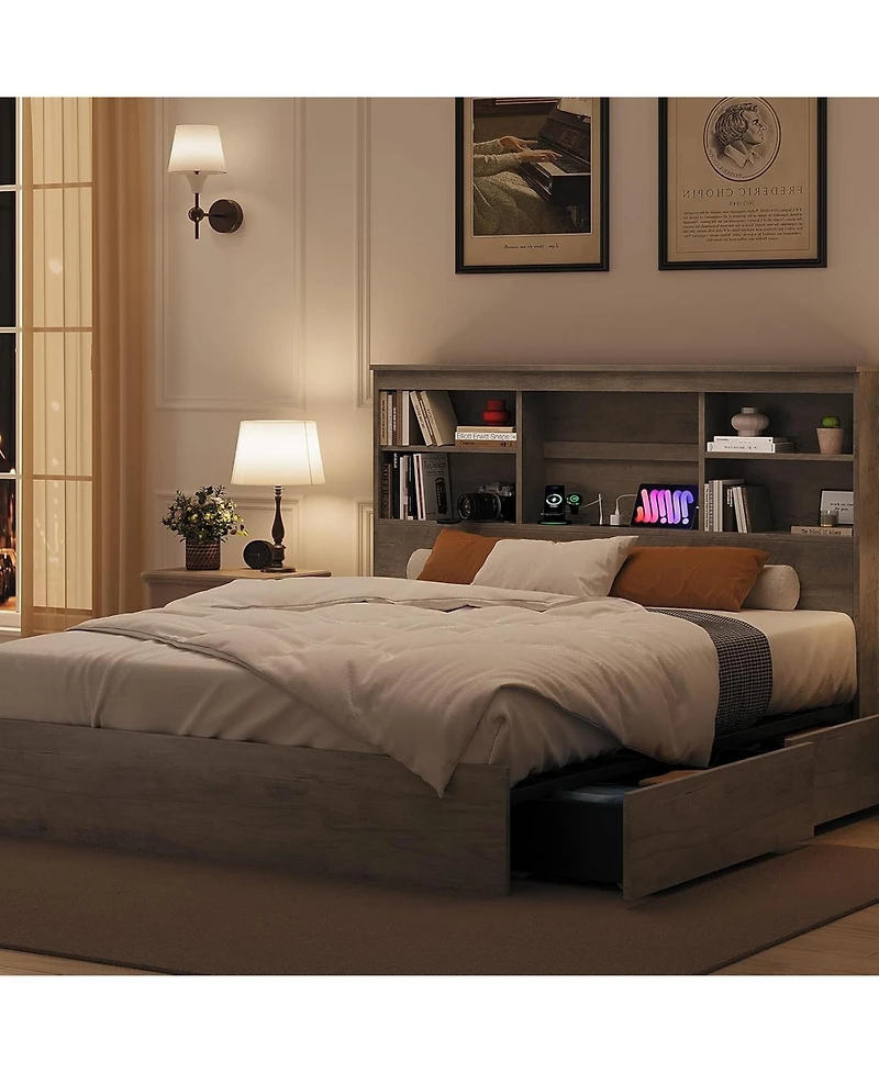 gaomon Bed Frame with High Storage Bookcase Headboard, Wood Bed Frame with 4 Storage Drawers, Built in Charging Station, No Box Spring Needed
