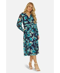 Yumi Women's Floral V-Neck Long Sleeves Wrap Dress