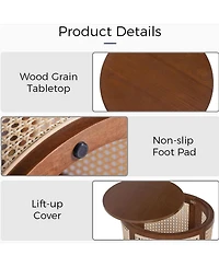 Rainsken Round Solid Wood Nightstand, Hollow Woven Bedside Table, Compact Accent End Table for Living Room, Bedroom