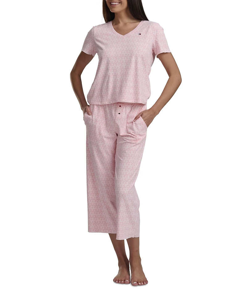Tommy Hilfiger Women's 2-Pc. Short-Sleeve T-Shirt & Wide-Leg Cropped Pants Pajama Set