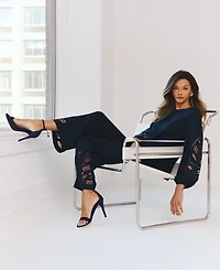 T Tahari Women's Embroidered-Hem Wide-Leg Pants