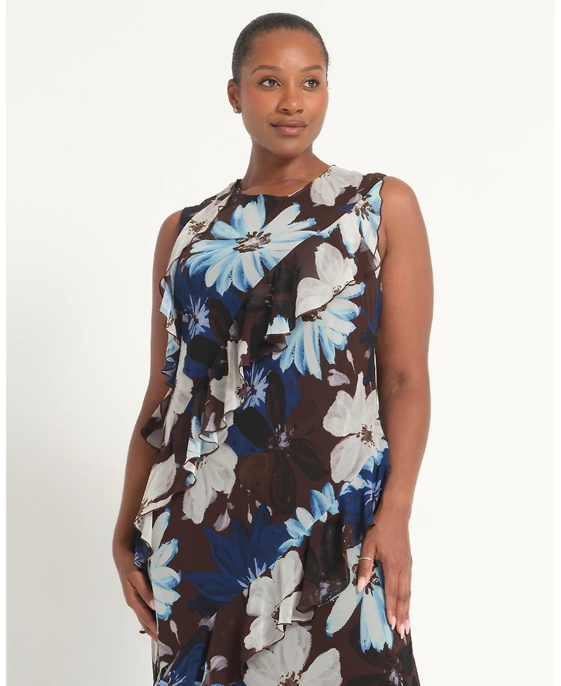 Estelle Women's Plus Sizes Aveline Floral Ruffle Sleeveless Midi Dress