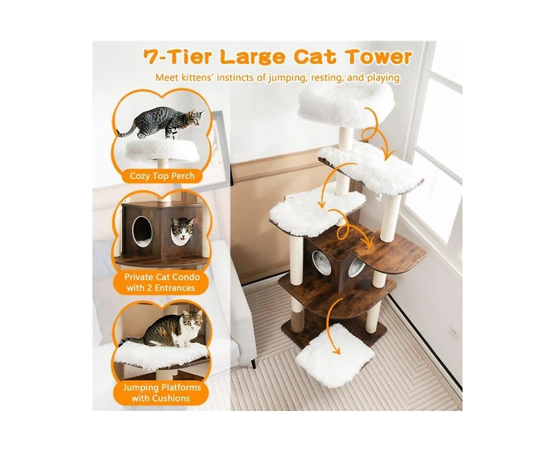 Aostirmotor 7-Layer Wooden Cat Tower with Sisal Posts & Cozy Condo, Tall Indoor Cat Tree for Climbing & Play