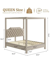 gaomon Upholstered Canopy Bed Frame Queen with headboard, Button Tufted, Nailhead Trim Design, No Box Spring Required