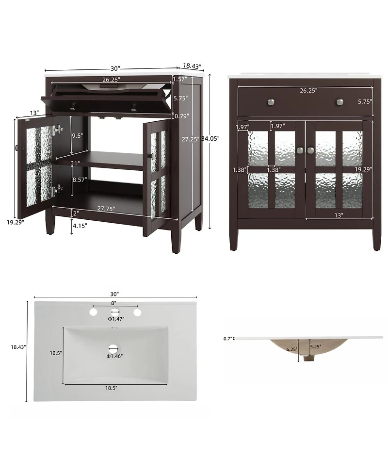 Sillysis Bathroom Vanity with Sink, Modern Solid Wood Cabinet with Textured Glass Doors, Flip-Out Tray & Adjustable Shelf