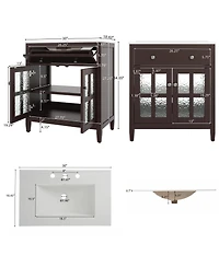 Sillysis Bathroom Vanity with Sink, Modern Solid Wood Cabinet with Textured Glass Doors, Flip-Out Tray & Adjustable Shelf