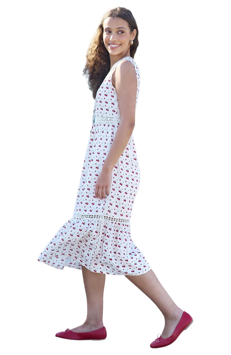 Yumi Women's Cherry Print Lace Trim Cotton Midi Dress