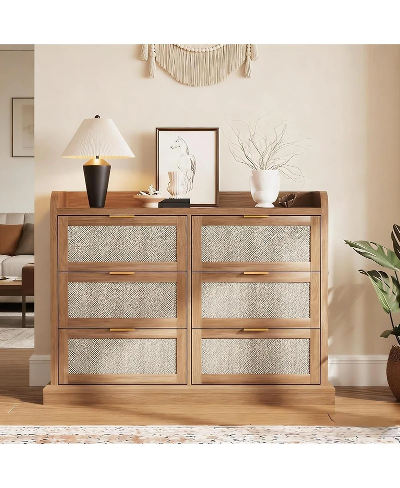 gaomon Farmhouse 6 Drawer Dresser for Bedroom, Rattan Chest of Drawers with Storage, Large Dresser Chest of Drawers