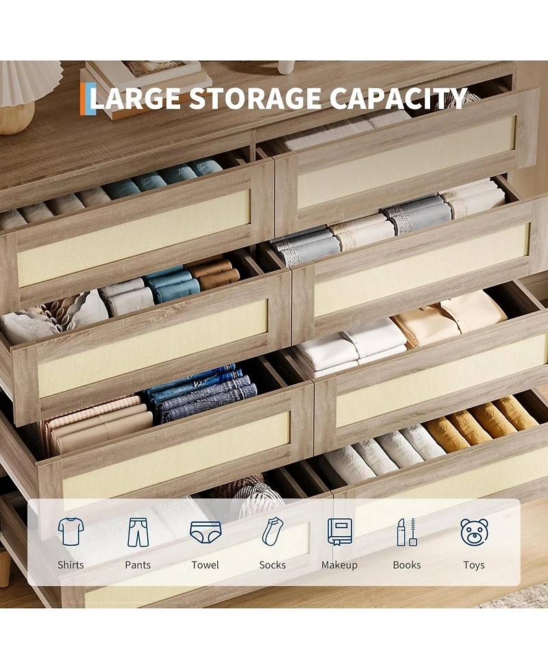 gaomon MilleLoom Rattan 8 Drawer Dresser for Bedroom, Wooden Dressers & Chests of Drawers, Modern Farmhouse Storage Organizer for Closet, Entryway