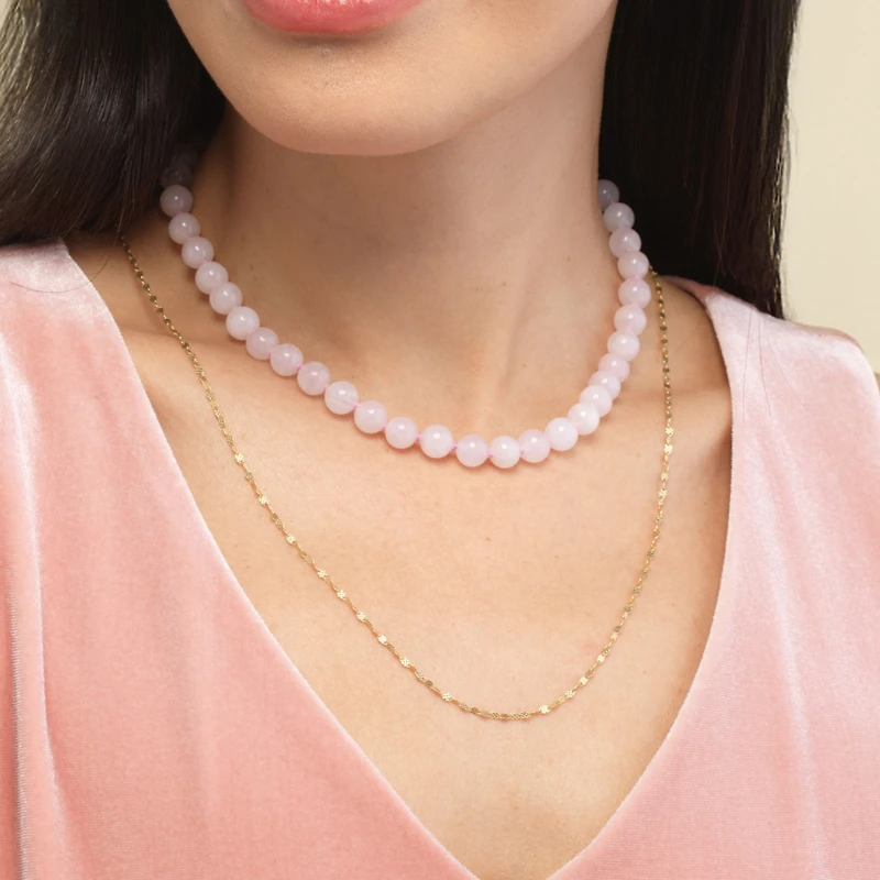 The Lovery Rose Quartz Knotted Bead Necklace 14K Gold
