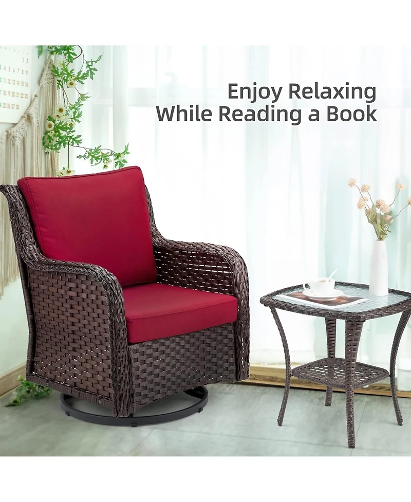 gaomon 3 Piece Outdoor Wicker Patio Set with 360° Swivel Rocking Chairs and Armored Glass Side Table”