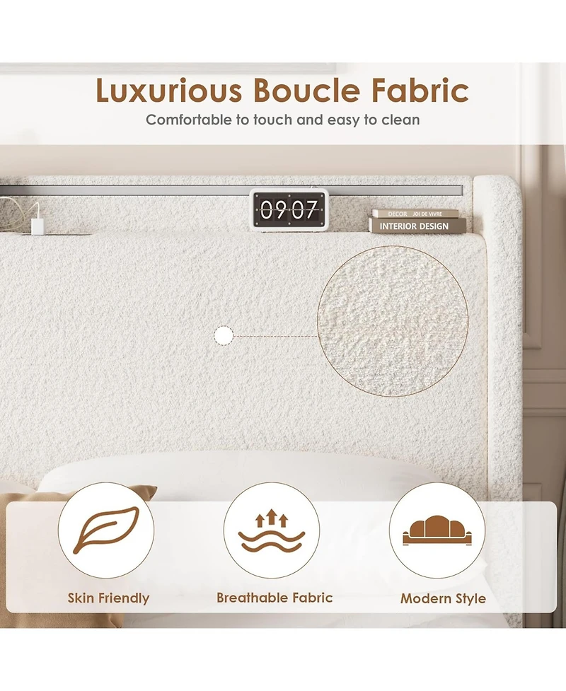 gaomon Led Bed Frame with 4 Storage Drawers and Headboard, Soft Boucle Upholstered Platform Charging Station Usb