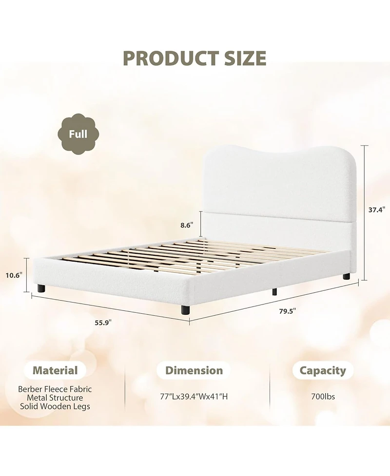 gaomon Boucle Bed Frame with Upholstered Headboard, Soft Low Profile Sturdy Platform Rounded Corners Design, Heavy Duty