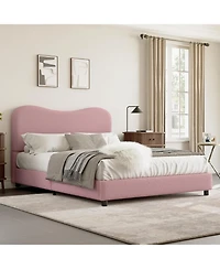 gaomon Boucle Bed Frame with Upholstered Headboard, Soft Low Profile Sturdy Platform Rounded Corners Design, Heavy Duty