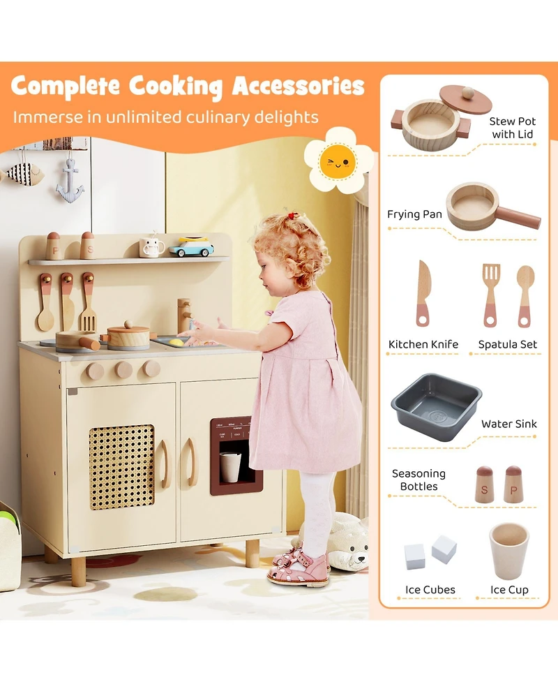 Mecale Wooden Pretend Kitchen Playset with Realistic Ice Maker for Interactive Play