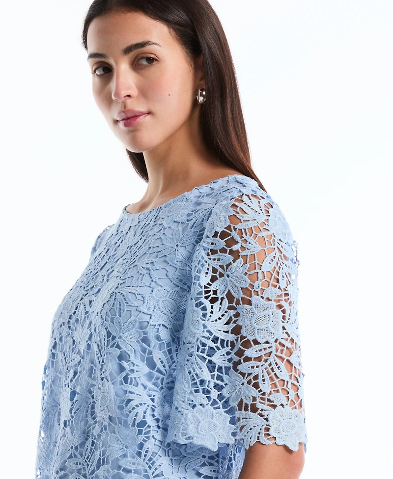 Rafaella Petite Scalloped Elbow-Sleeve Lace Top