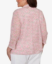 Hearts Of Palm Plus Printed Mesh 3/4-Sleeve Cascade Cardigan Sweater