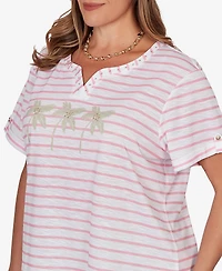 Hearts Of Palm Plus Printed Slub Top with Banded Neck
