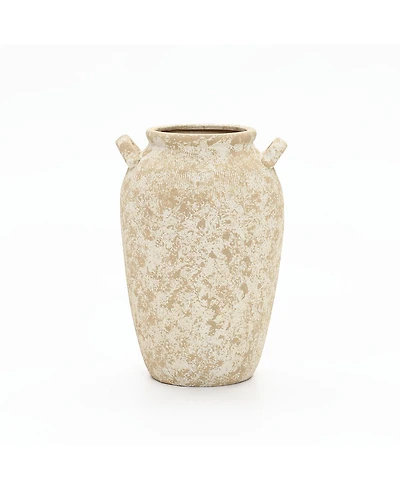 LuxenHome Vintage Pottery Off-White with Brown 15.75-Inch Tall Round Ceramic Vase