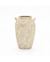 LuxenHome Vintage Pottery Off-White with Brown 15.75-Inch Tall Round Ceramic Vase