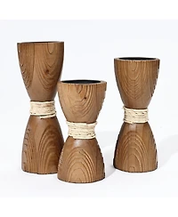 LuxenHome 3-Piece Pine Wood with Rattan Pillar Candle Holder Set