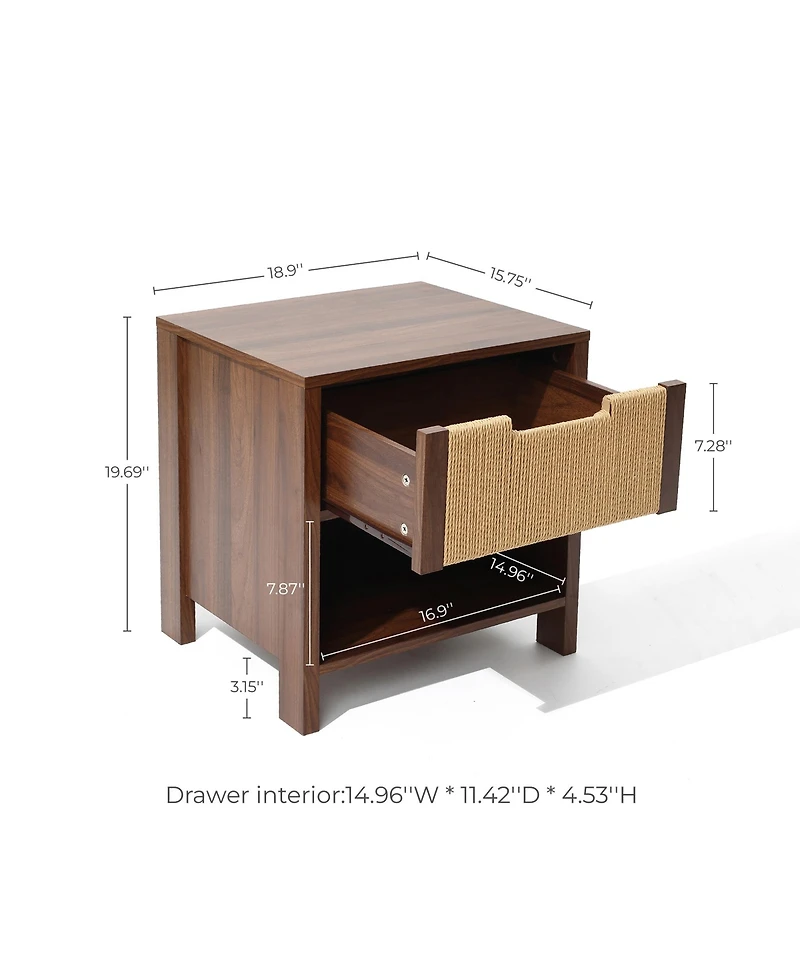 LuxenHome Walnut Finish Mdf Wood with Rope Front 1-Drawer Nightstand and End Table