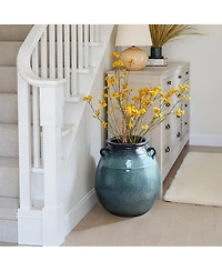 LuxenHome Ocean Blue Ceramic Vase with Handles, 17.5" Tall Rounded Pot for Rustic or Coastal Decor