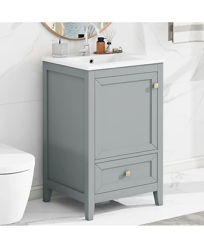 Sillysis 20" Bathroom Vanity with Ceramic Sink, Modern Freestanding Mdf Cabinet, Storage Rack Drawer Soft Close for Small Spaces