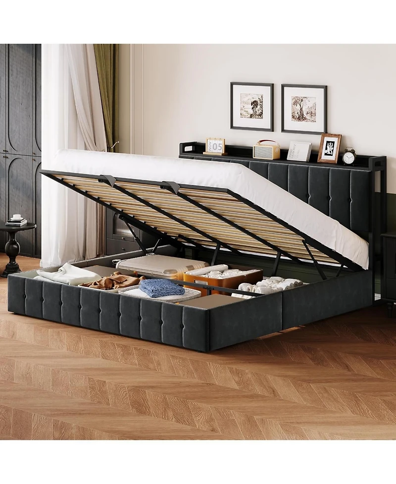 gaomon Bed Frame with Lift Up Storage, Upholstered Velvet Storage Headboard, Metal Platform Bed, Hydraulic Support