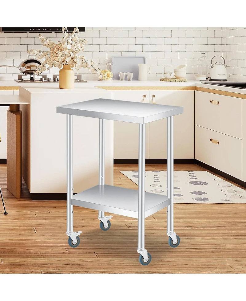 gaomon Heavy-Duty Stainless-Steel Table with 2 Shelves & 4 Wheels, 24x24x35 Inch Utility Cart, Commercial Kitchen Worktable for Food Prep, Restaurant