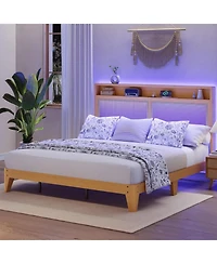 gaomon Rattan Size Bed Frame with Led Lights, Boho Wood Bed Frame with Storage Headboard & Charging Station, Silent Slats