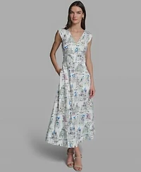 Karl Lagerfeld Paris Womens Sleeveless V Neck Printed Midi Dress