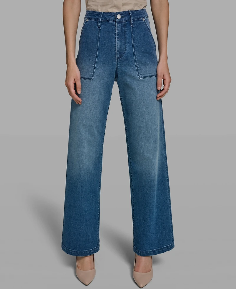 Karl Lagerfeld Paris Women's Wide-Leg Mid-Rise Ankle Length Jeans