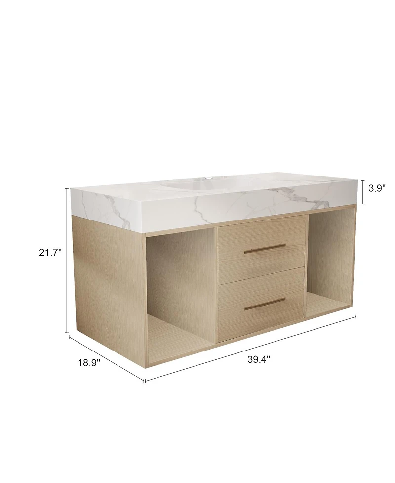 Sillysis Floating Bathroom Vanity with Ceramic Sink, Sintered Stone Top, 2 Soft Close Drawers, Wall Mounted Modern Cabinet