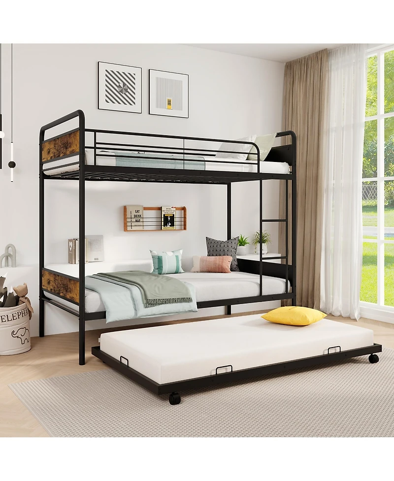 Gymax Twin Over Twin Bunk Bed w/ Trundle Industrial Metal Bunkbed Frame