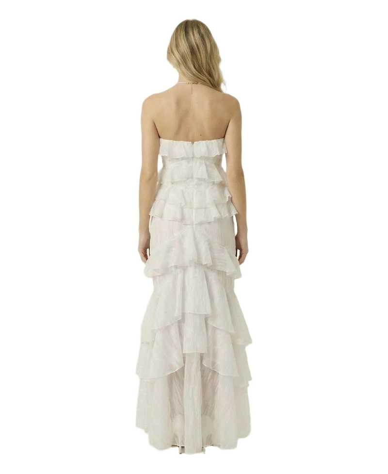 Modenaire Women's Strapless Raw Edge Tiered Ruffle Maxi Dress