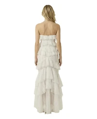 Modenaire Women's Strapless Raw Edge Tiered Ruffle Maxi Dress