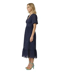 Modenaire Women's Puff-Sleeve Eyelet Smocked-Waist Midi Dress