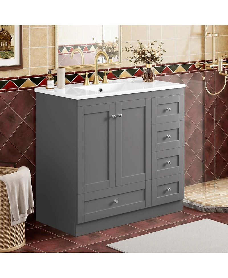 Sillysis 36" Shaker Bathroom Vanity with Ceramic Sink,Freestanding Mdf Cabinet, Soft-Close Drawers & 2 Doors for Modern Storage