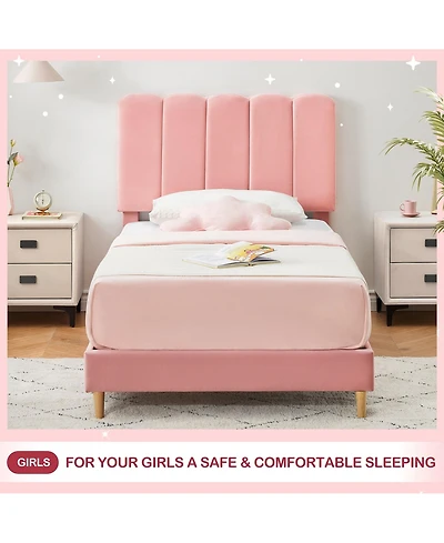 gaomon Twin Bed Frame Velvet Upholstered Platform Wave Headboard for Girls Easy Assembly No Box Spring Wooden Slats