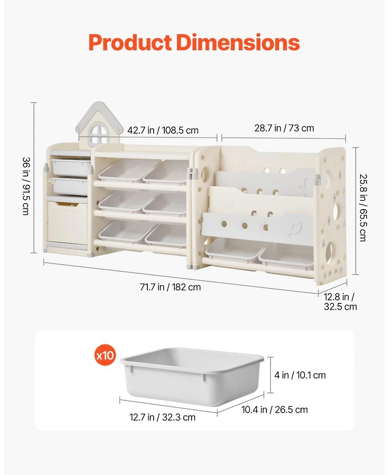 Mecale Kids Toy Storage Organizer with Bookshelf, 4-Tier Cubby Cabinet with 10 Movable Plastic Bins, Toy & Book Storage
