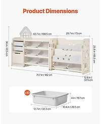 Mecale Kids Toy Storage Organizer with Bookshelf, 4-Tier Cubby Cabinet with 10 Movable Plastic Bins, Toy & Book Storage