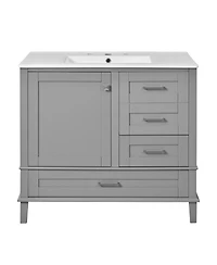Sillysis 36" Bathroom Vanity with Ceramic Sink, Solid Pine Frame, Soft Close Drawers & Door for Small Spaces
