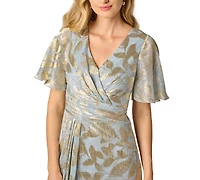 Adrianna Papell Women's Foil Leaf Flutter-Sleeve Draped Gown