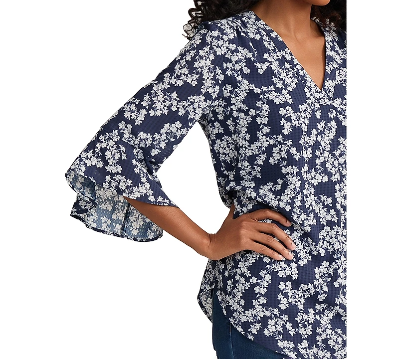 Jones New York Petite V-Neck Flutter Sleeve Blouse
