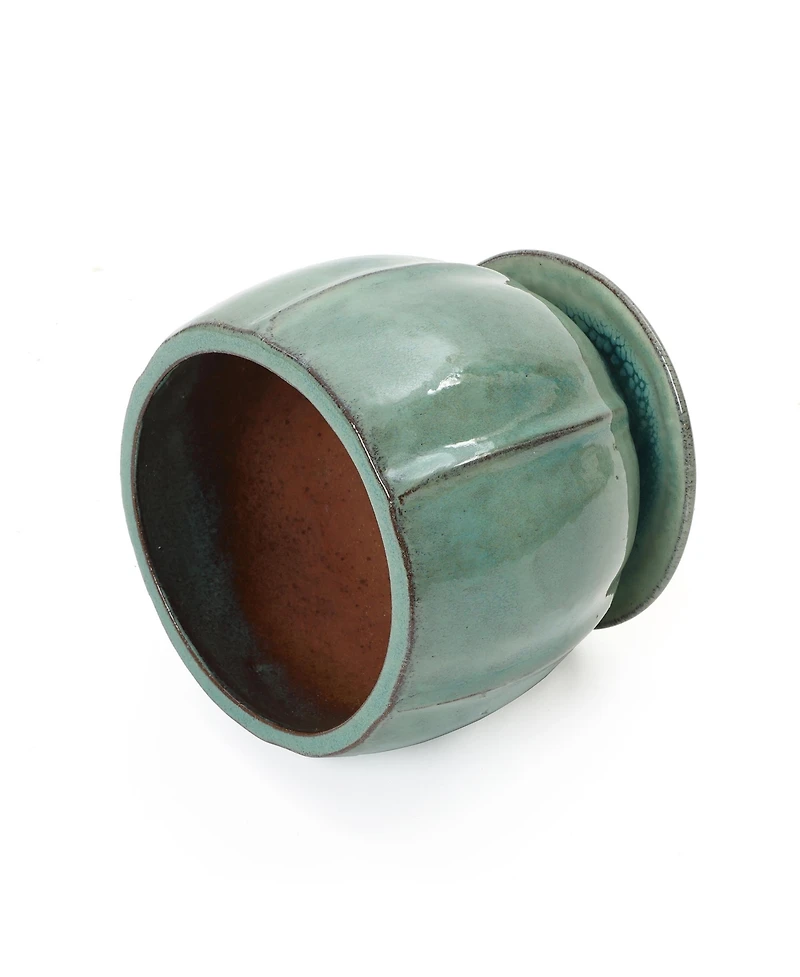 LuxenHome Glossy Gradient Teal Ceramic Planter, 10-Inch Tall Ridged Container with Connected Tray