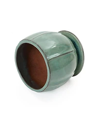 LuxenHome Glossy Gradient Teal Ceramic Planter, 10-Inch Tall Ridged Container with Connected Tray