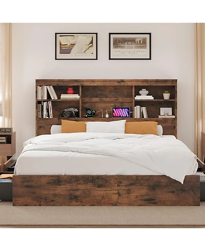 gaomon Bed Frame with Storage Headboard, Wooden Charging Station