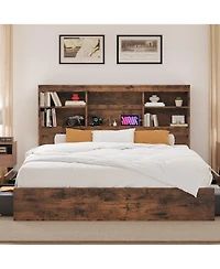 gaomon Bed Frame with Storage Headboard, Wooden Charging Station