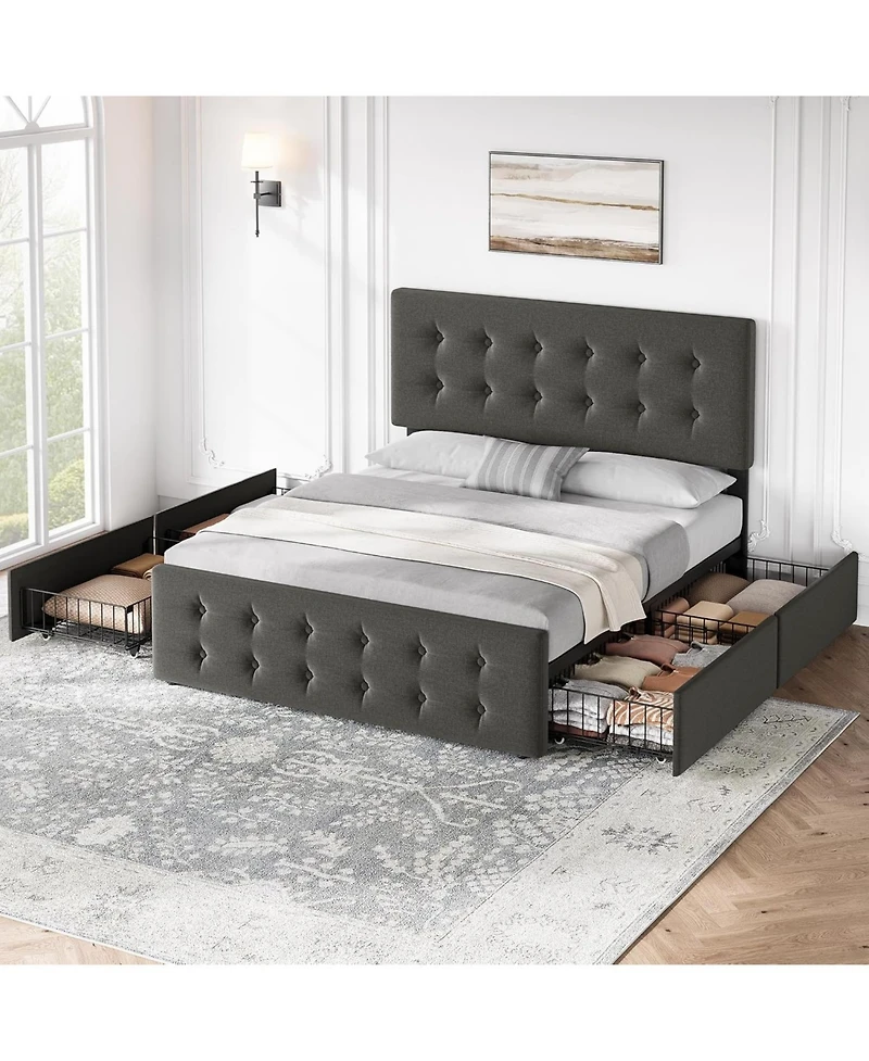 gaomon Bed Frame with Adjustable Headboard, Upholstered Platform Bed Frame with 4 Storage Drawers, Button Tufted Design, Wooden Slats Support.